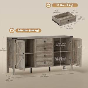 59" Buffet Cabinet, Farmhouse Sideboard with Thick Top, 2 Barn Doors, 4 Drawers and 2 Adjustable Shelves, Grey
