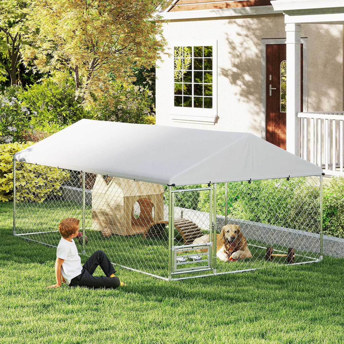Outdoor Dog Run w/ Adjustable & Rotating Bowls, Water-Resistant UV-Resistant Cover, Secure Lock, 6.6' x 6.6' x 5.1'