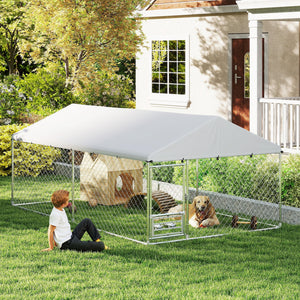Outdoor Dog Run w/ Adjustable & Rotating Bowls, Water-Resistant UV-Resistant Cover, Secure Lock, 6.6' x 6.6' x 5.1'