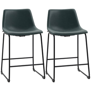 Counter Height Bar Stools Set of 2, Vintage PU Leather Bar Chairs, Kitchen Stool with Footrest for Home Bar Green