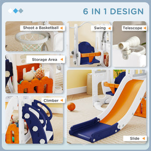 Qaba 6-in-1 Slide and Swing Set Baby Swing Playset Indoor with Basketball Hoop, Climber, Storage Space, Telescope