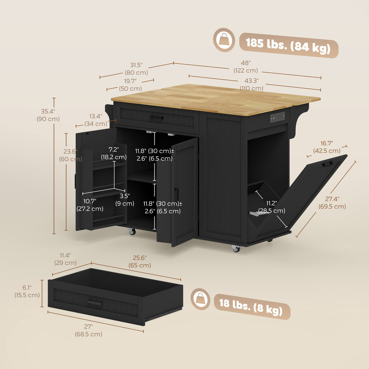 Kitchen Island Cart, Portable Kitchen Island Table with Charging Station, Rubber Wood Drop Leaf – view 2