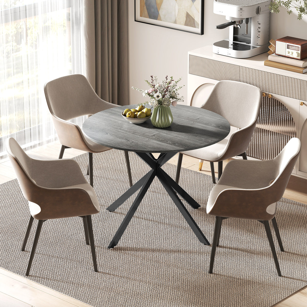40" Round Kitchen Table for 4, Industrial Dining Table with Steel Legs for Dining Room, Distressed Grey