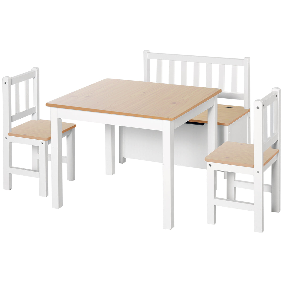4-Piece Set Kids Wood Table Chair Bench with Storage Function Gift for Toddlers