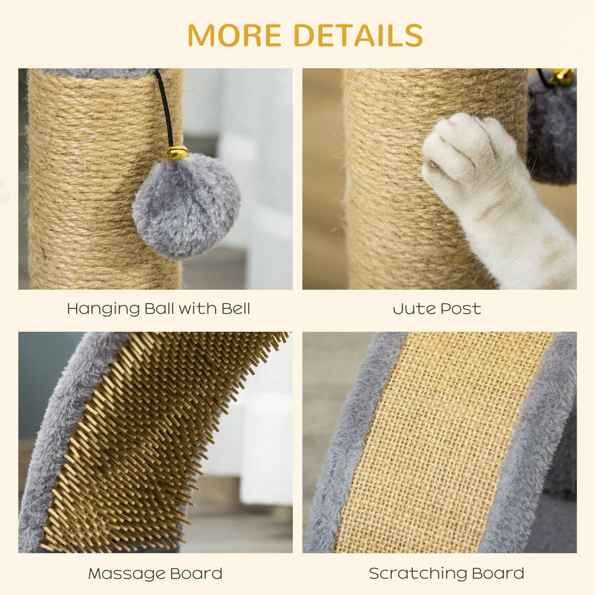 17" Small Cat Tree with Jute Scratching Post, Curved Scratching Board, Dangling Ball with Bell, Grey