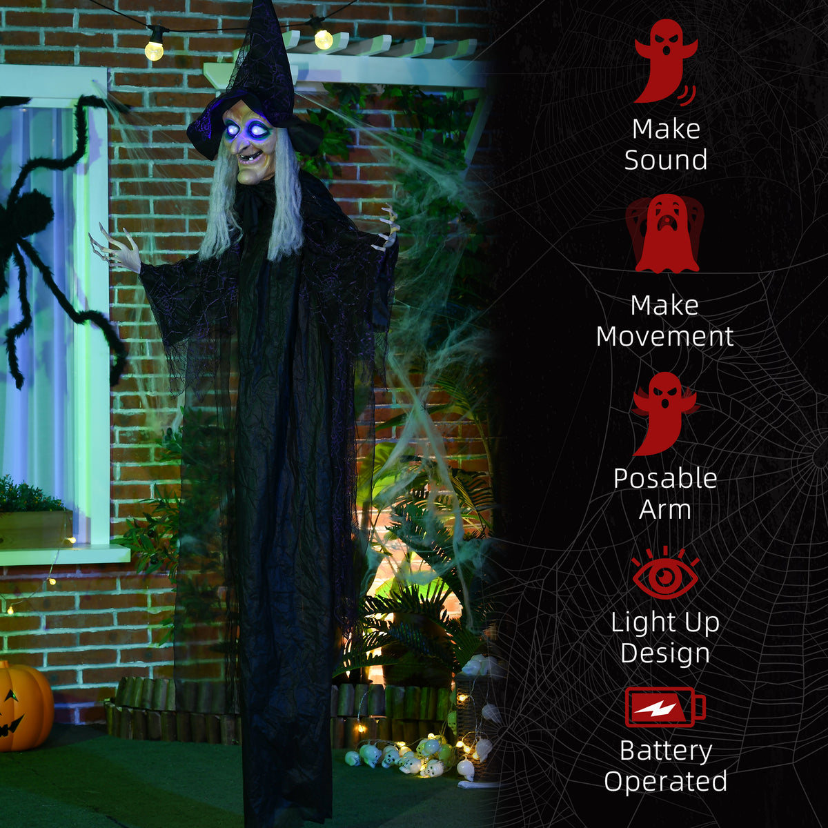 6' Life Size Black Witch Outdoor Halloween Decoration, Halloween Prop w/ Light Up Eyes
