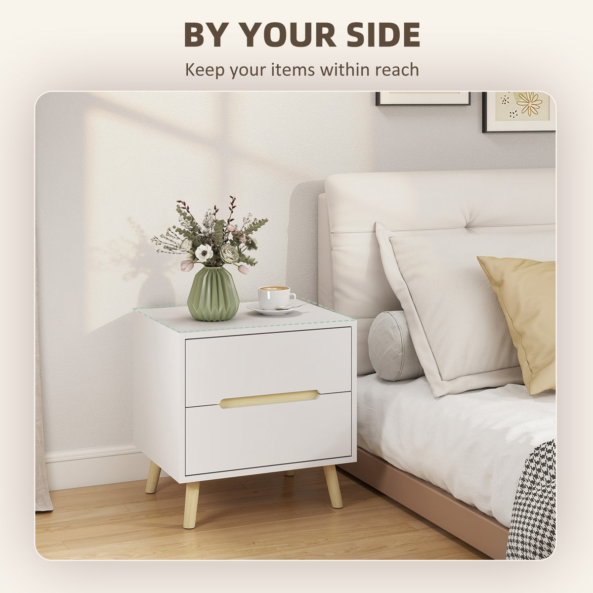 Nightstand, Bedside Table with 2 Drawers, Modern Side End Table with Solid Wood Legs for Bedroom, White – view 24