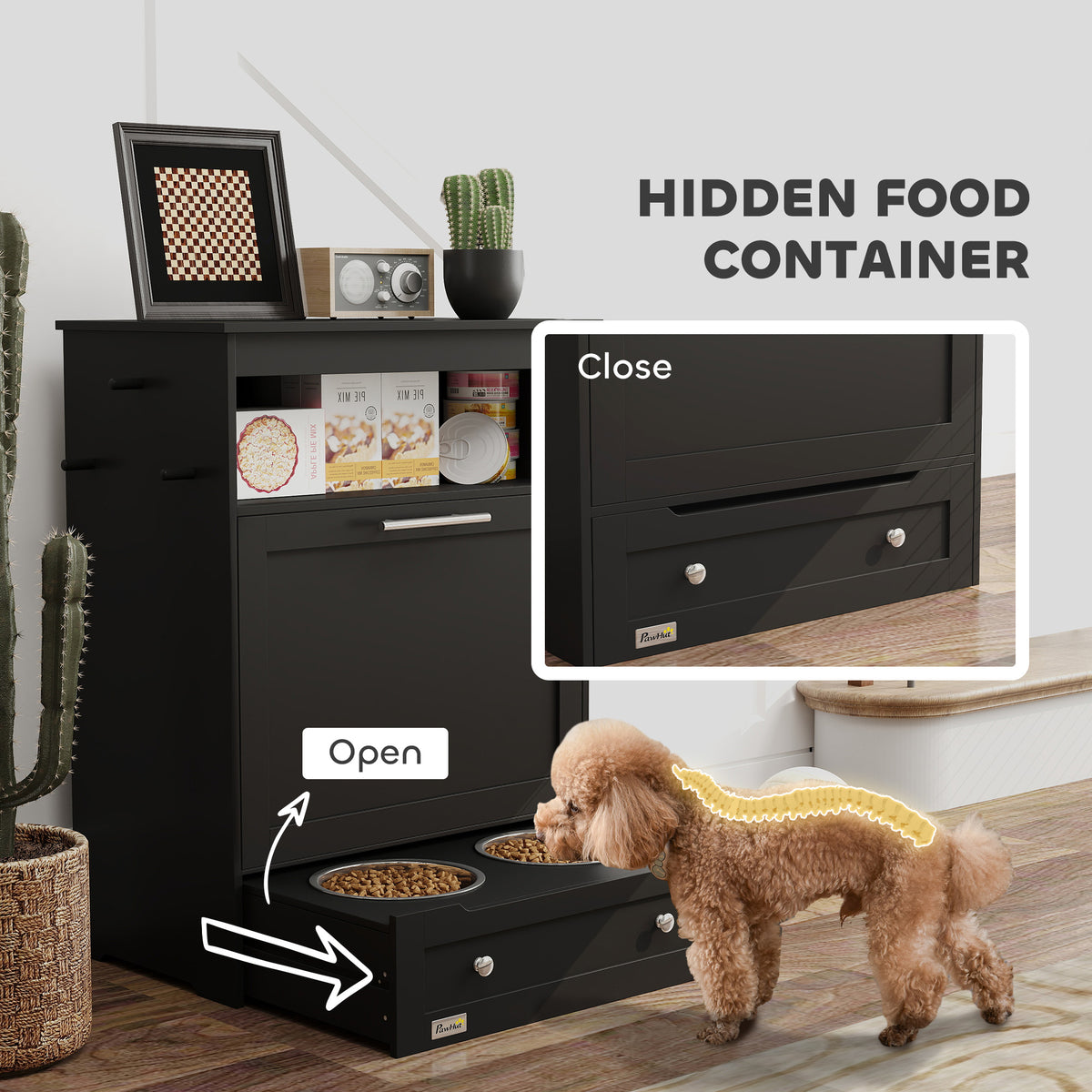 Pet Feeder Station Storage Cabinet, Dog Food Storage Container with Dog Raised Bowls, Watering Supplies, Gray