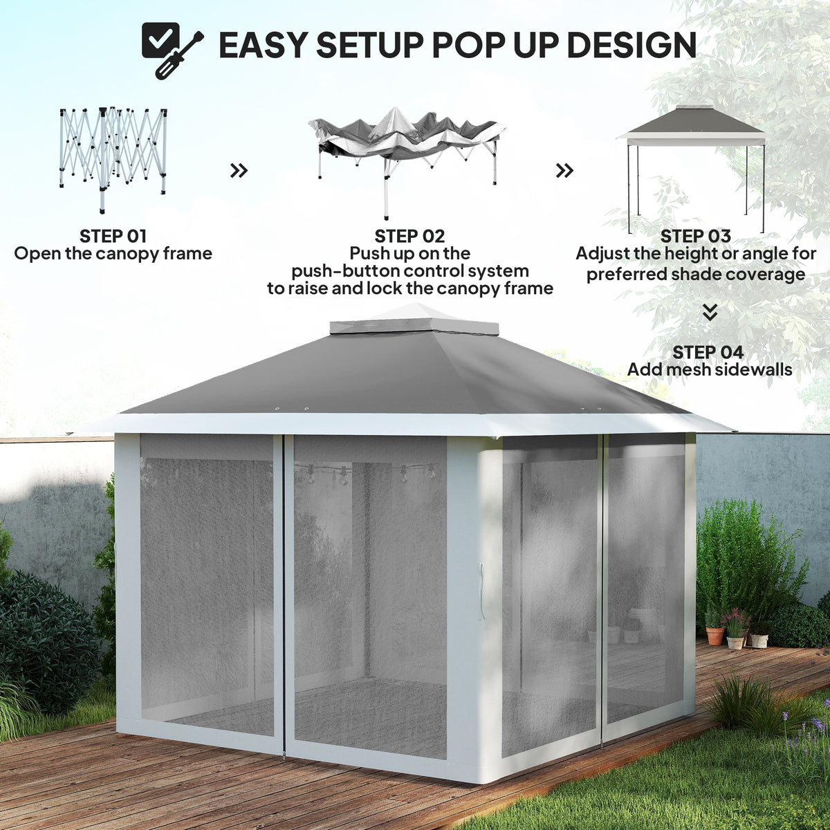 11' x 11' Pop Up Gazebo, Double Roof Foldable Height Adjustable Canopy Tent with Mesh Sidewalls – view 11