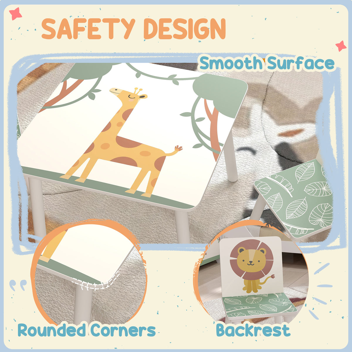 Qaba 3-Piece Kids Table and Chair Set with Animal Pattern for Boys and Girls Aged 3-8, Bedroom, Nursery, Playroom