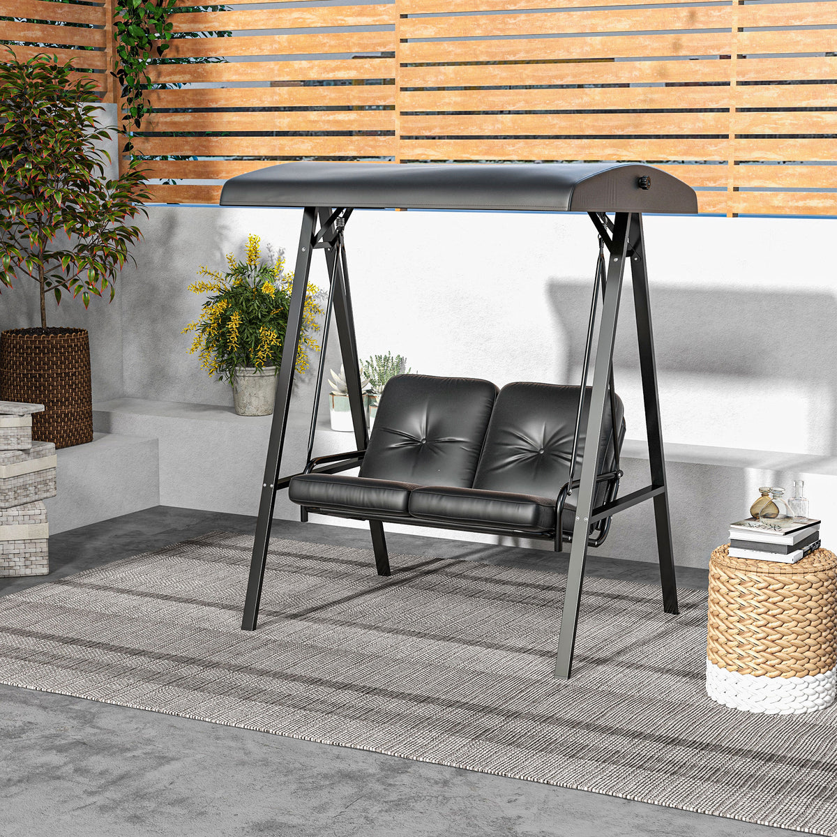 2-Seater Outdoor Porch Swing with Adjustable Canopy, Patio Swing Chair for Garden, Poolside, Backyard, Beige – view 15