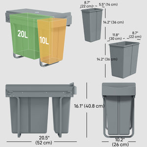 Pull Out Garbage Bin for Kitchen, 7.9 Gallon (30 L) Under Sink Garbage Can, 2 Removable Compartments, Grey