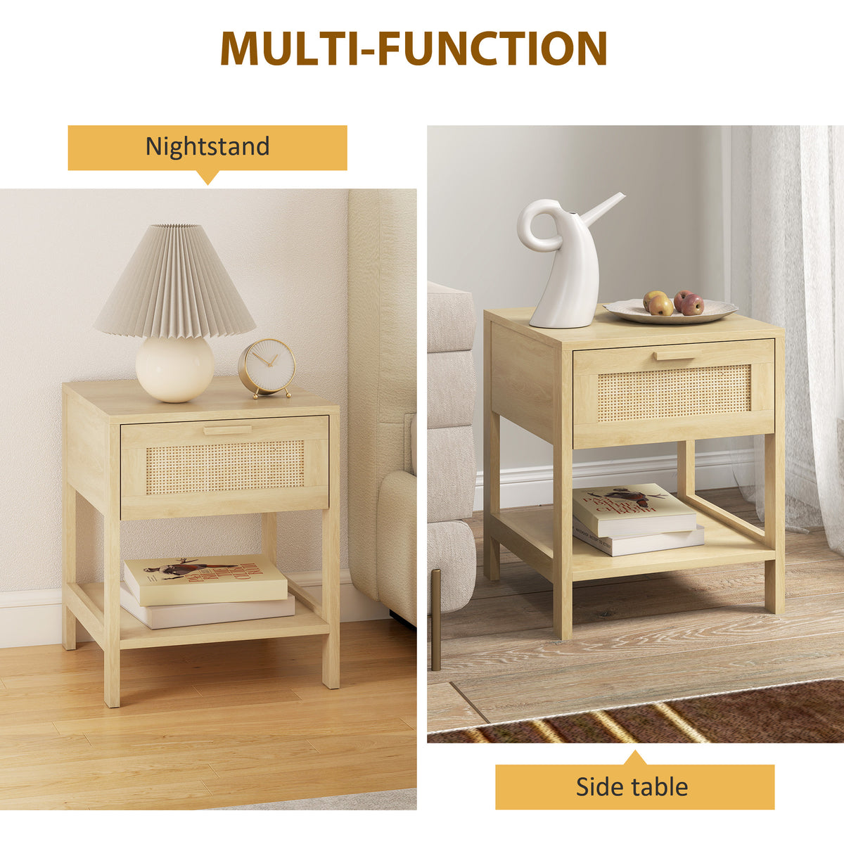 Narrow Nightstand with Rattan Elements, Bedside Table with Drawer and Storage Shelf for Bedroom, Natural – view 13