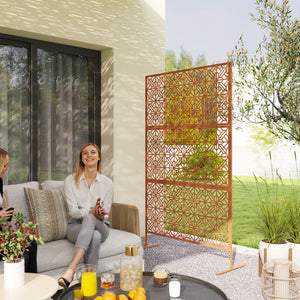 Decorative Outdoor Privacy Panel with Stand, Freestanding Metal Outdoor Divider for Garden, Backyard, Deck, Brown