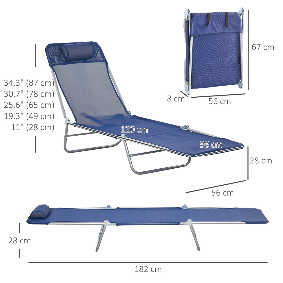 Set of 2 Folding Chaise Lounge Chairs, Outdoor Poolside Sun Tanning Chairs w/ Pillow, Reclining Backrest – view 9