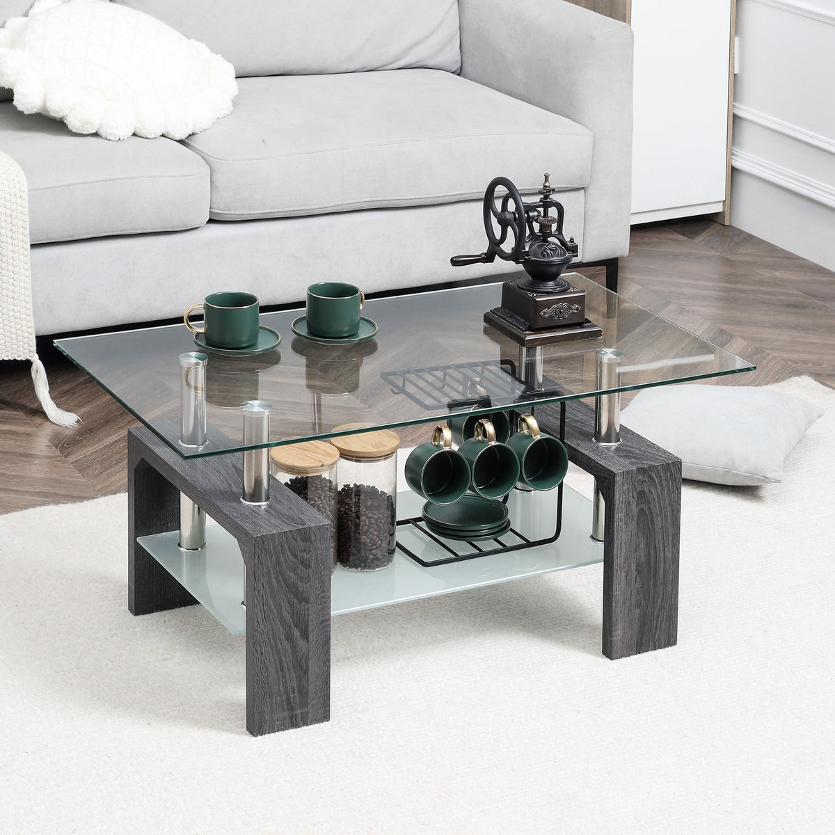 Rectangle Glass Coffee Table, 2-Tier Center Table with Tempered Glass Top and Storage Shelf for Living Room, Grey