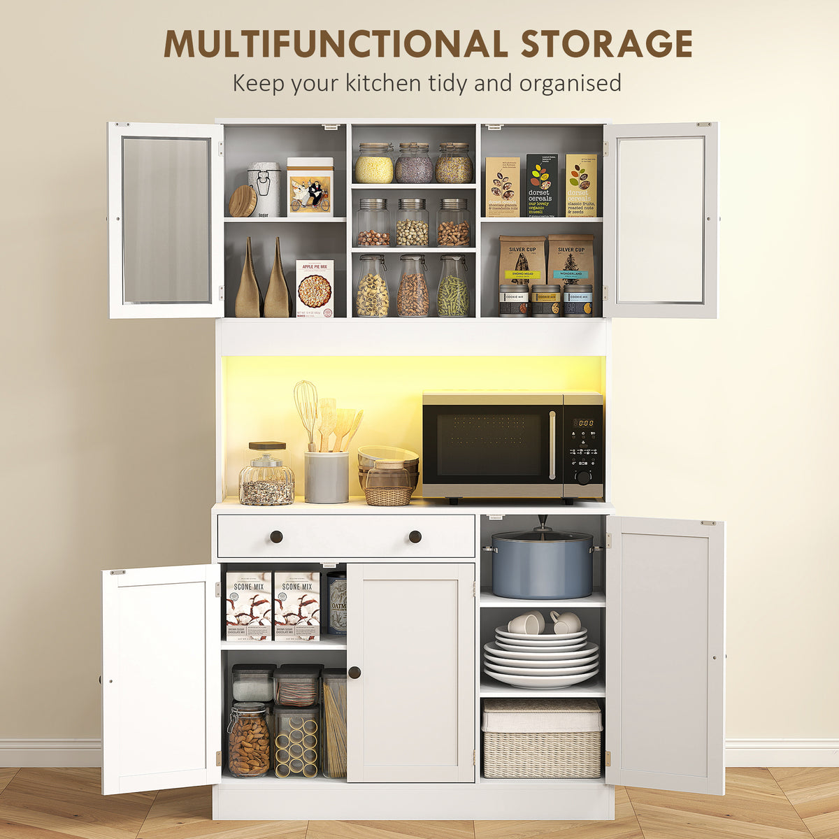 Tall Kitchen Pantry with LED Light, Freestanding Storage Cabinet with Hutch, Shelves, Drawer, Doors, White