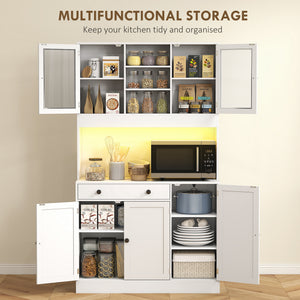Tall Kitchen Pantry with LED Light, Freestanding Storage Cabinet with Hutch, Shelves, Drawer, Doors, White