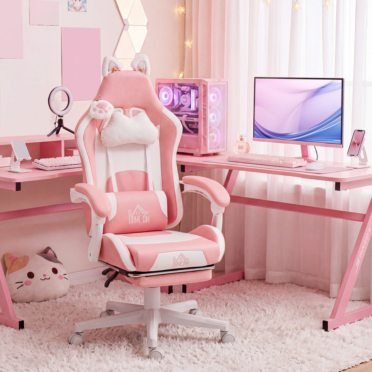 Cute Racing Gamer Chair, Faux Leather Gaming Chair with Footrest, Headrest and Lumbar Support, Black – view 14