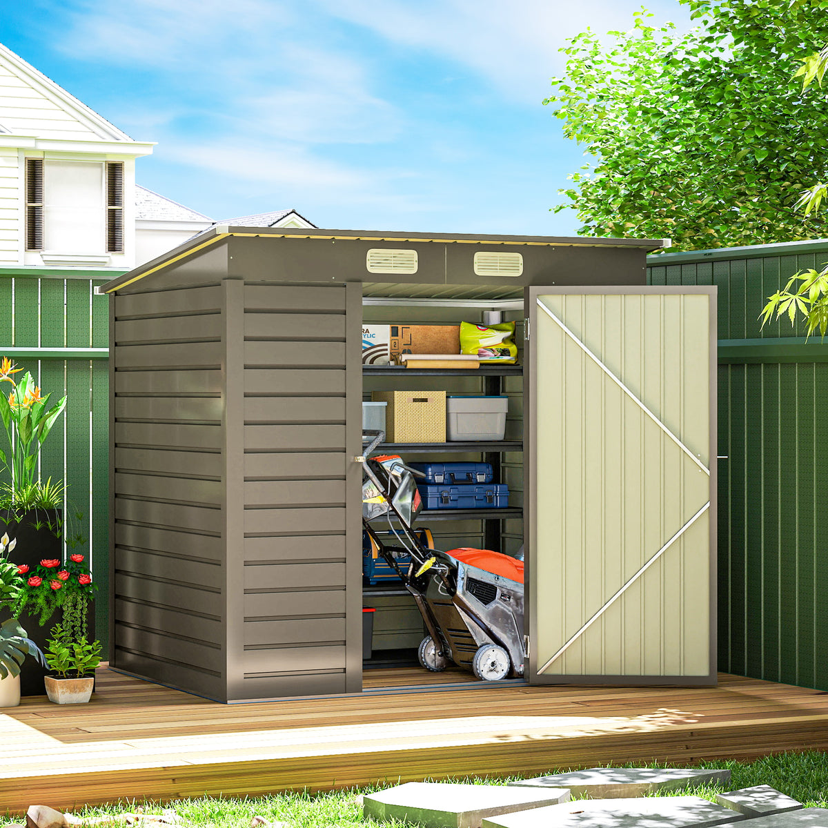 6 x 4FT Galvanized Garden Storage Shed, Metal Outdoor Shed with Double Doors and 2 Vents, Grey – view 14