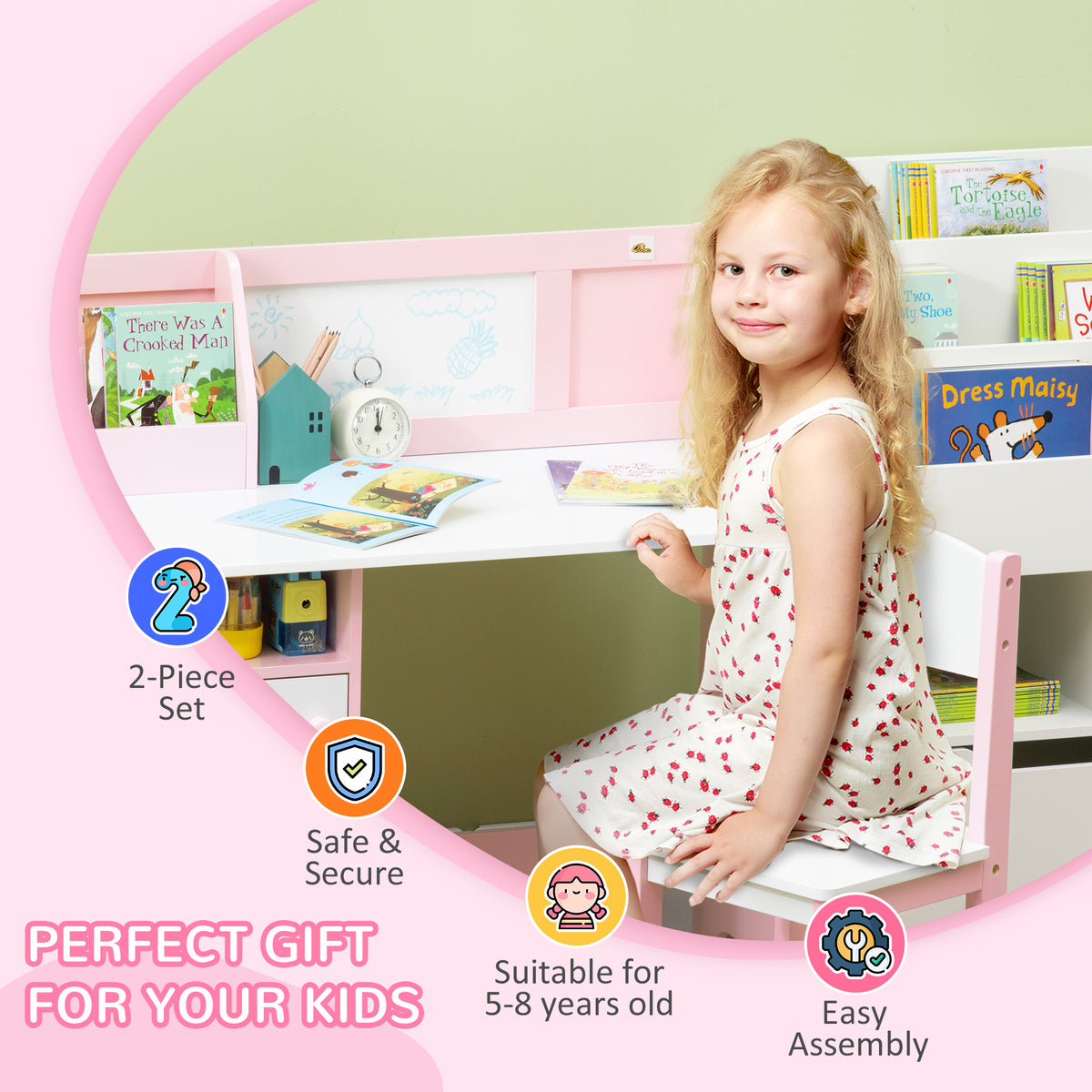 Qaba 2Pcs Kids Desk and Chair Set with Whiteboard, Storage, Shelves