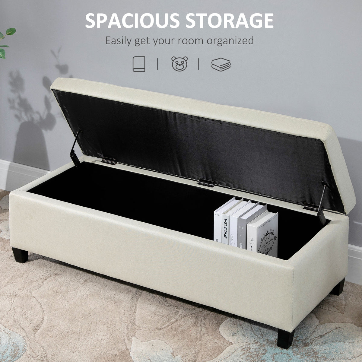 Rectangular Entry Bench, Tufted Upholstered Linen Fabric Wood Feet Storage Ottoman Bench, Beige – view 3