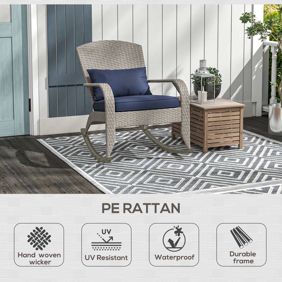 Adirondack Chair, Outdoor Wicker Rocking Chair with High Back, Seat Cushion and Pillow for Porch, Balcony, Cream/Brown