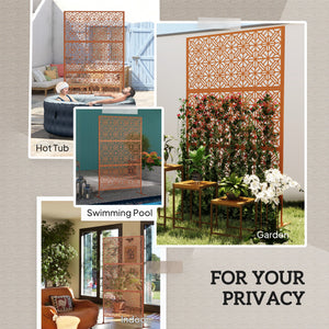 Decorative Outdoor Privacy Panel with Stand, Freestanding Metal Outdoor Divider for Garden, Backyard, Deck, Brown