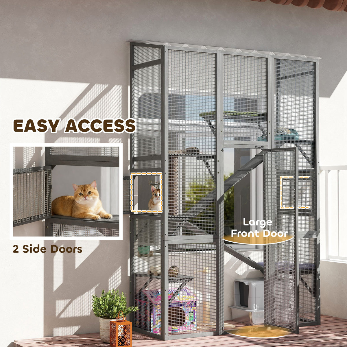 Large Outdoor Catio with 6 Jumping Platforms, Scratching Post, 2 Ramps, Waterproof Roof, Grey – view 5