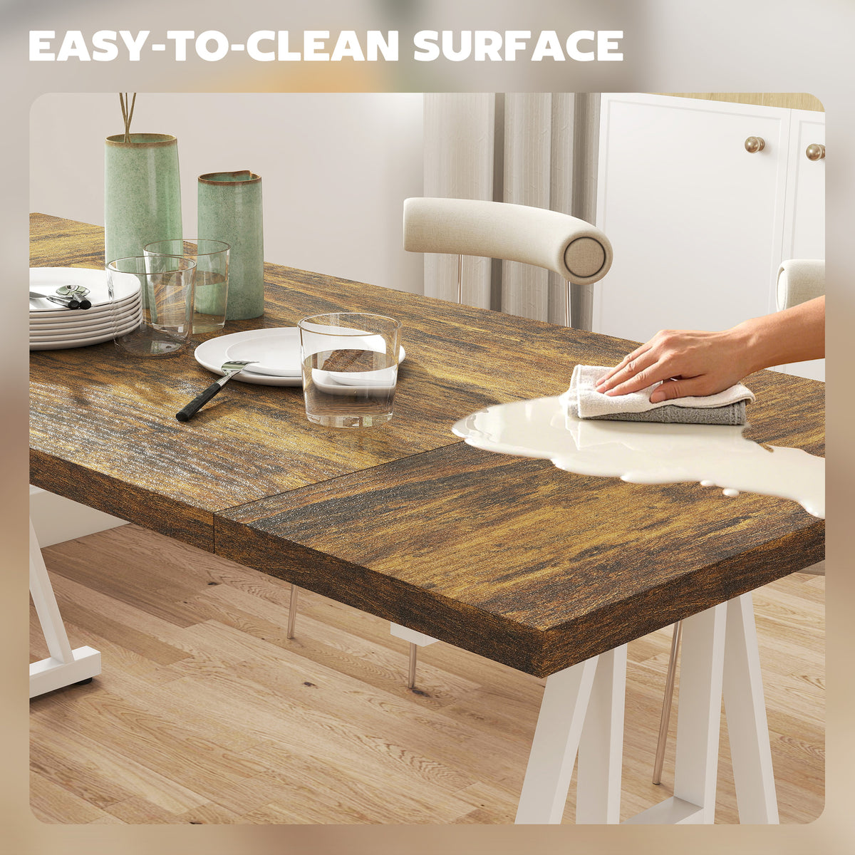 Farmhouse Kitchen Table for 8, Rectangular Dining Table with Thick Tabletop and Steel Trestle Legs, Brown and White