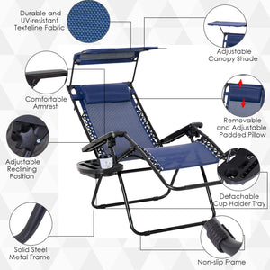 2 Piece Foldable Lounge Chair with Canopy Shade, Outdoor Zero Gravity Chair w/ Side Tray & Cup Holder – view 12