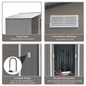 9'x6.3'Garden Storage Outdoor Shed w/ Floor Foundation Outdoor Yard Metal Tool Storage House Grey White