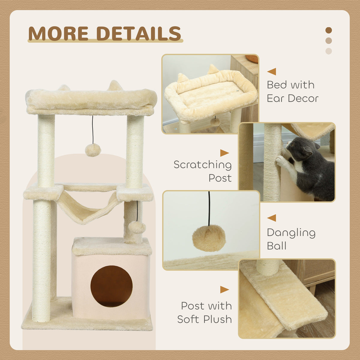 39.25'' Cat Tree Tower Multi-Level Kitten House with Scratching Post Condo Hammock Bed Ball Toy - Grey