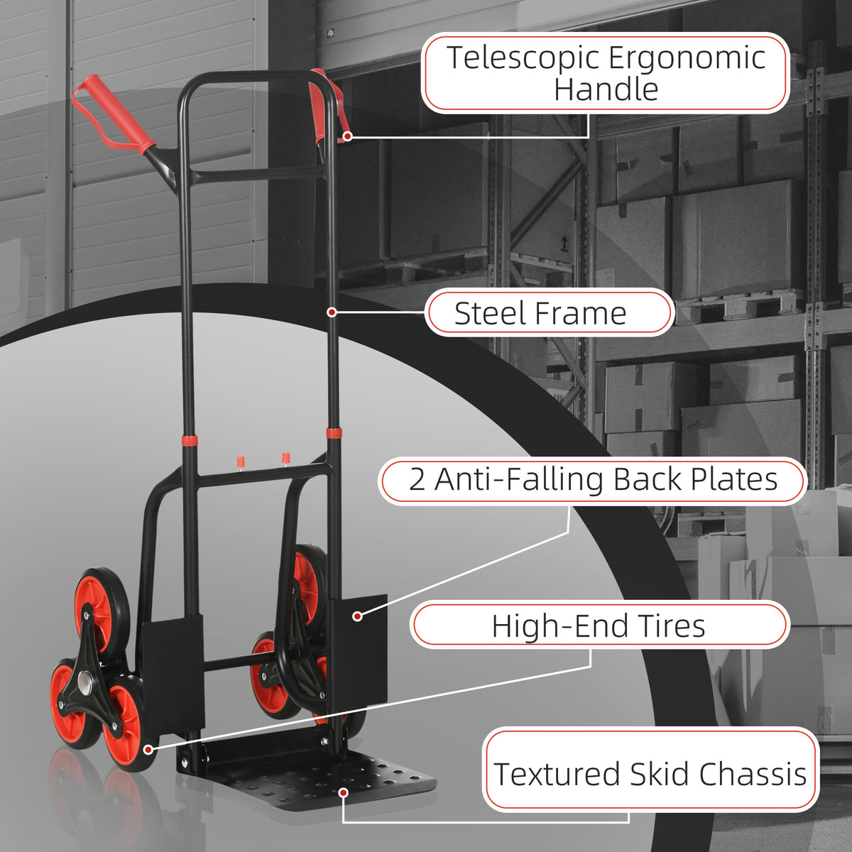 6-Wheels Stair Climber Trolley Cart, Hand Truck and Dolly, Foldable Steel Load Cart, 264lbs Capacity, Black and Red