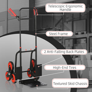 6-Wheels Stair Climber Trolley Cart, Hand Truck and Dolly, Foldable Steel Load Cart, 264lbs Capacity, Black and Red