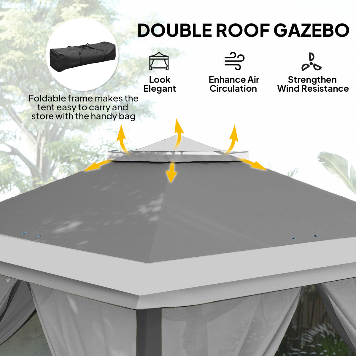 11' x 11' Pop Up Gazebo, Double Roof Foldable Height Adjustable Canopy Tent with Mesh Sidewalls – view 10
