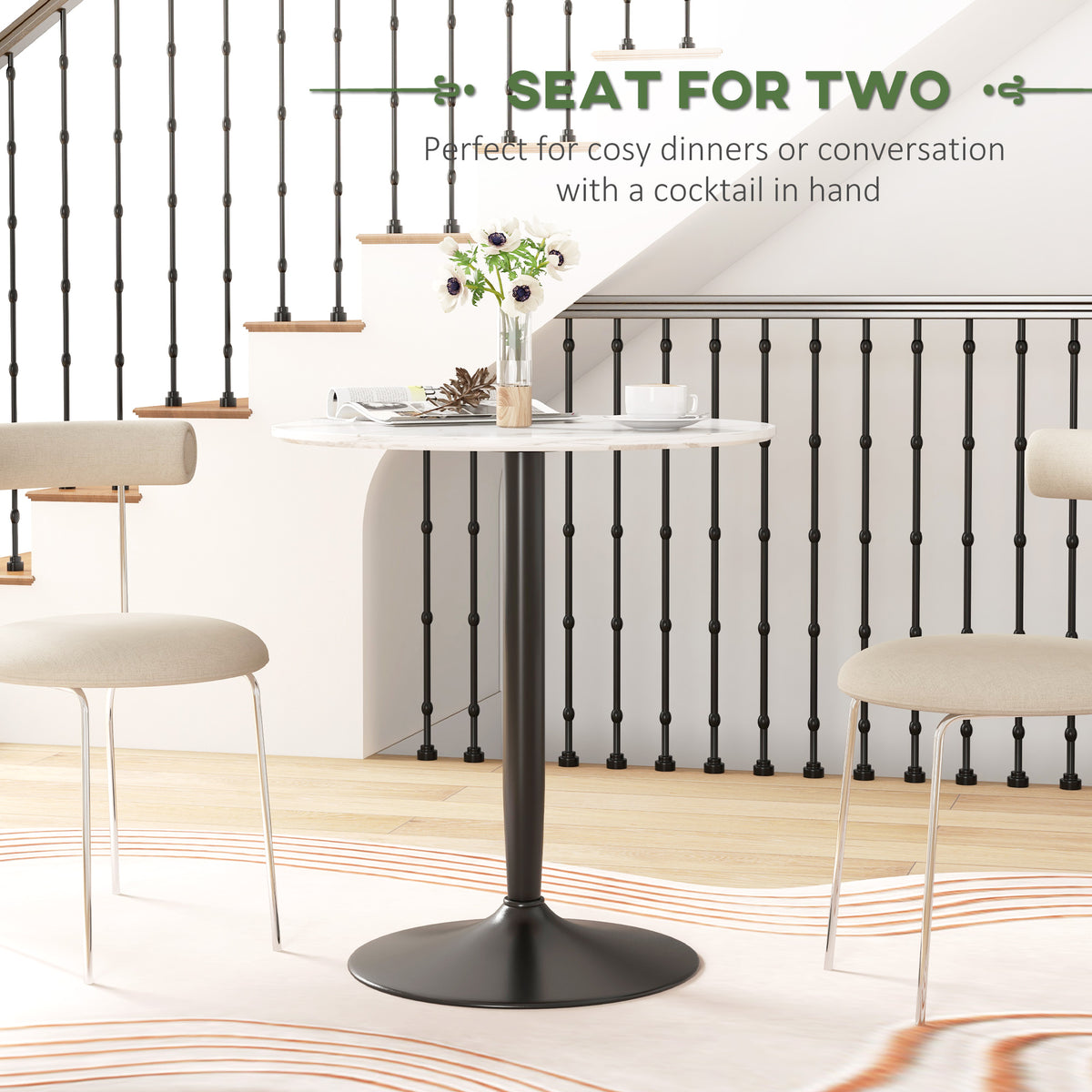Modern Kitchen Table for 2 People, Round Dining Table with Steel Base for Living Room, Dining Room, White Marble