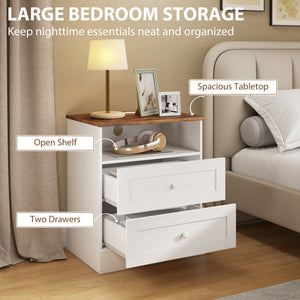 Nightstand with Charging Station 2 Drawers Bedside Table Set of 2 White and Oak