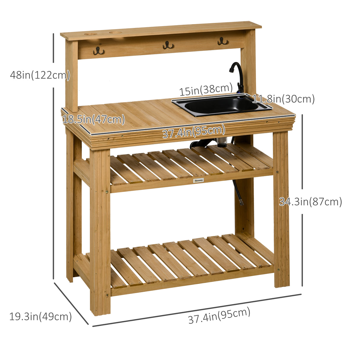 Outdoor Potting Bench Table with Faucet, Removable Sink, Hooks and Storage Shelves – view 9