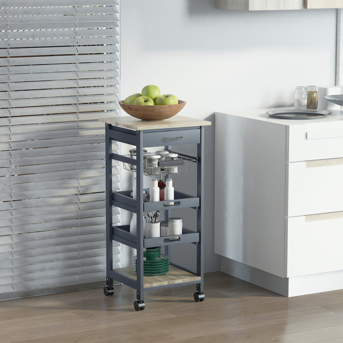 Rolling Kitchen Island Cart, Mobile Utility Storage Cart with Drawer, Wire Storage Basket, Removable Tray – view 7