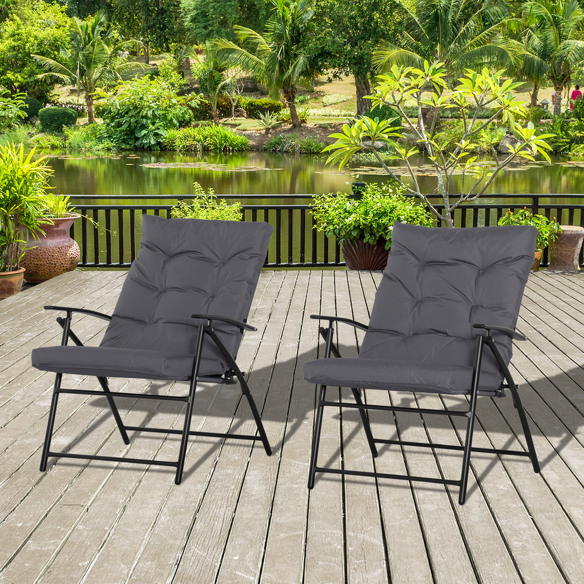 Set of 2 Outdoor Folding Chairs with Adjustable Backrest, Padded Camping Chairs for Outdoor Events, Grey – view 7