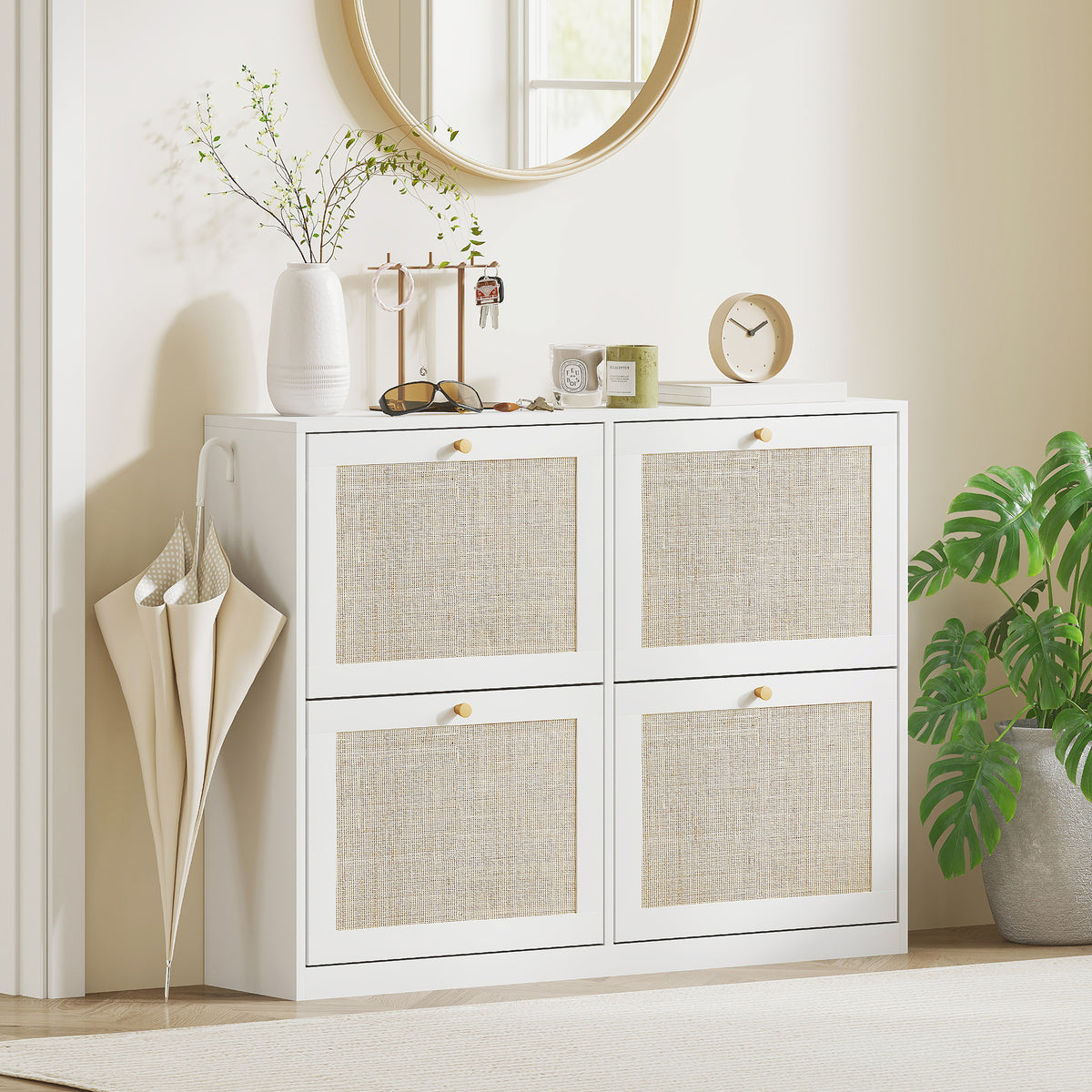 Narrow Shoe Storage Cabinet, Rattan Shoe Cabinet with 4 Flip Drawers and Adjustable Shelves for 20 Pairs – view 14