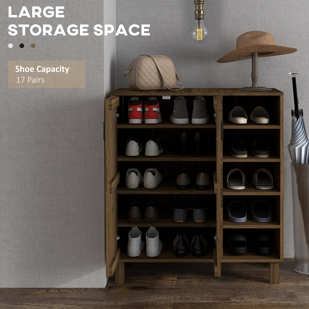 Shoe Storage with Double Doors and Open Shelves 17 Pair Shoe Storage Organizer for Entryway Hallway Black – view 17