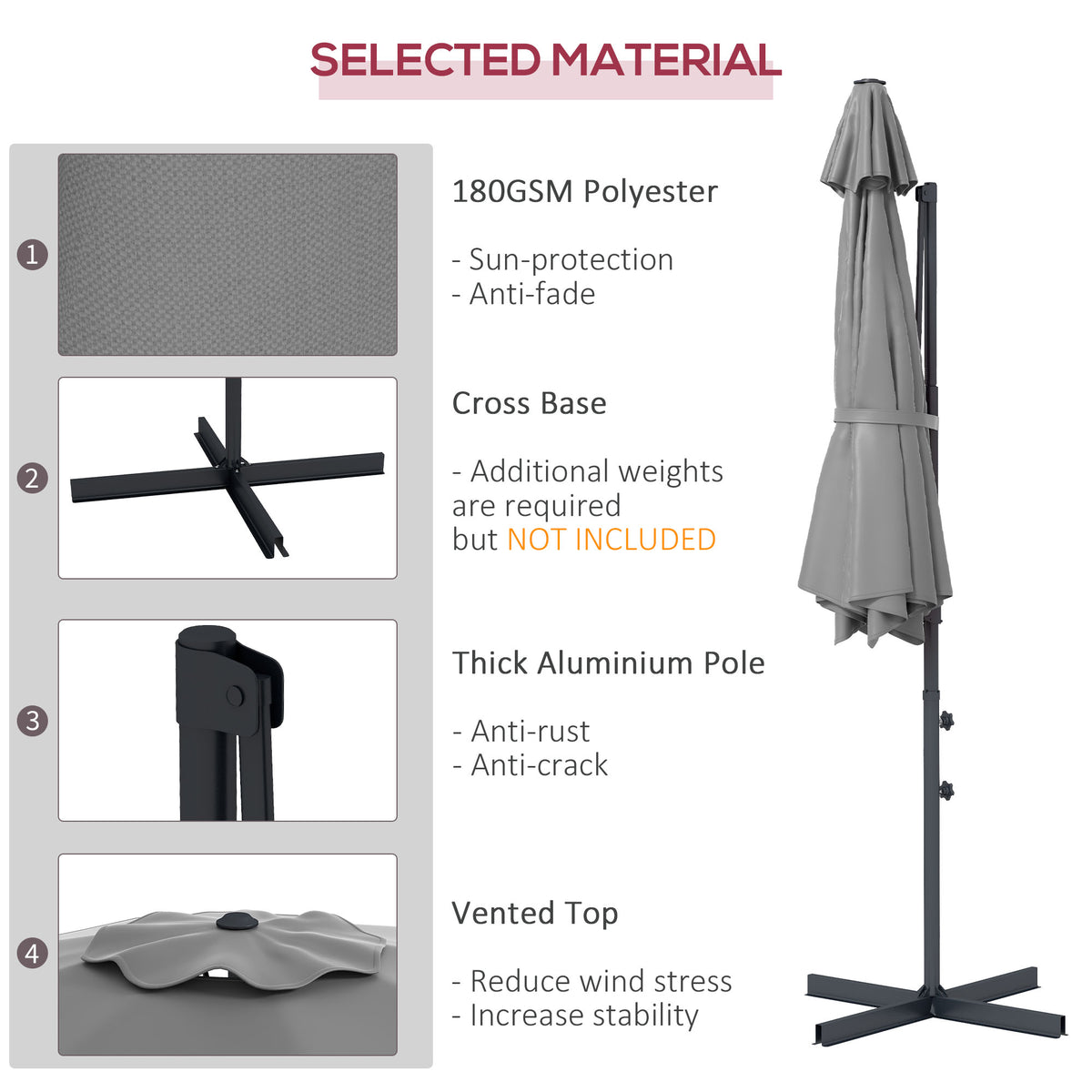 10 FT Cantilever Umbrella, Aluminum Hanging Offset Umbrella with 360°Rotation, Crank, Tilt, Cross Base, Grey
