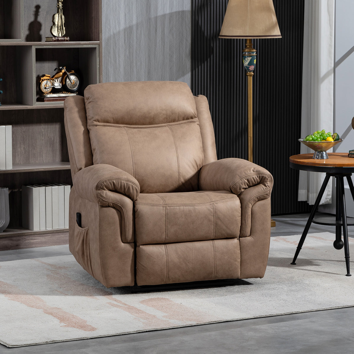 Manual Recliner Chair with Vibration Massage, Side Pockets, Microfibre Reclining Chair for Living Room, Brown