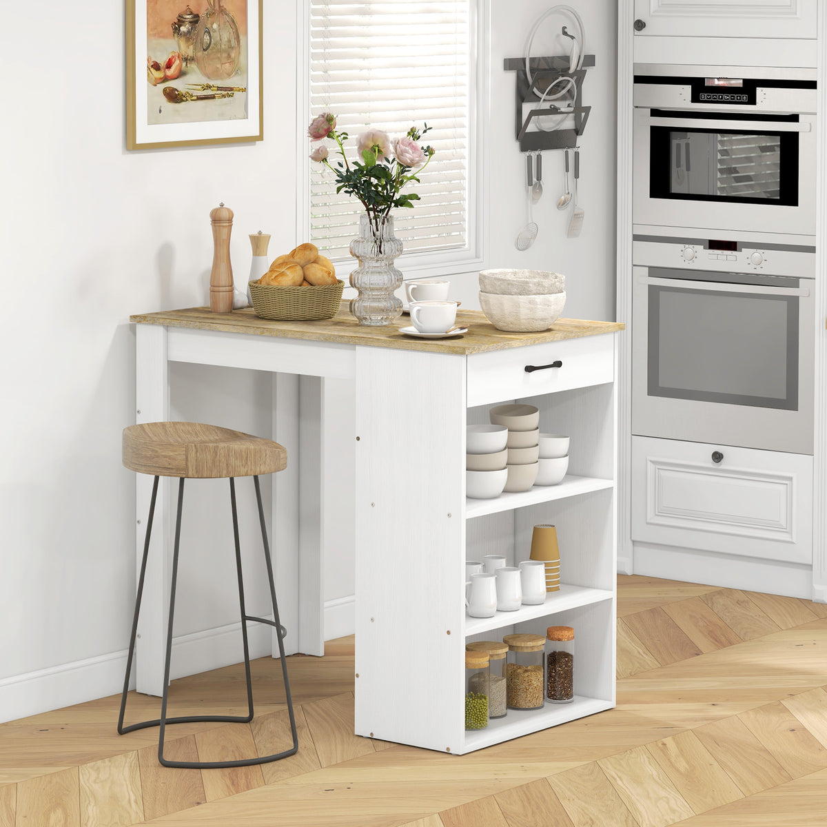 Bar Table with Drawer and 3 Storage Shelves, Bar Height Table, High Top Pub Table for Home Bar, Kitchen, Grey