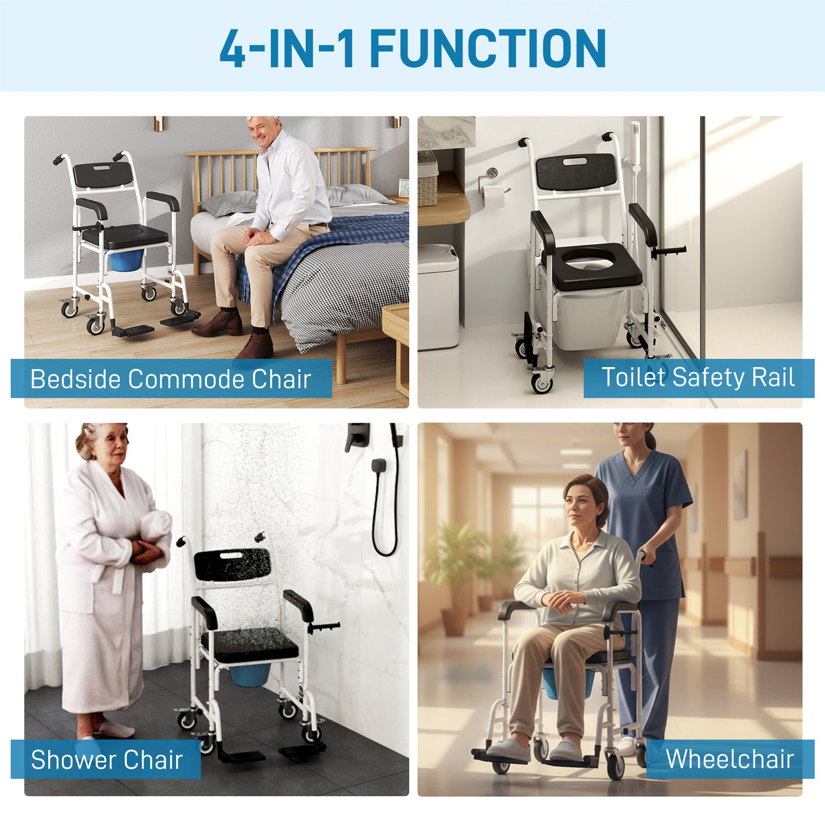 Rolling Shower Chair, Bedside Commode Chair with Wheels, Backrest, Arms, Flip Footrests for Seniors, Disabled, Black