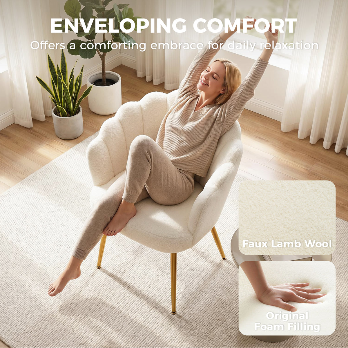 Accent Chair Petal-Back Design Modern Living Room Chair with Metal Legs Cream