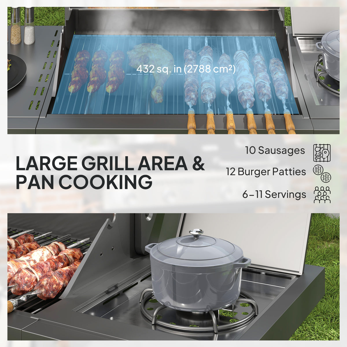 4+1 Burner Liquid Propane Gas Grill Outdoor Portable BBQ with Side Burner, Warming Rack, Side Shelf, Storage Cabinet, Thermometer, 4 Wheels, Tank Holder, Silver
