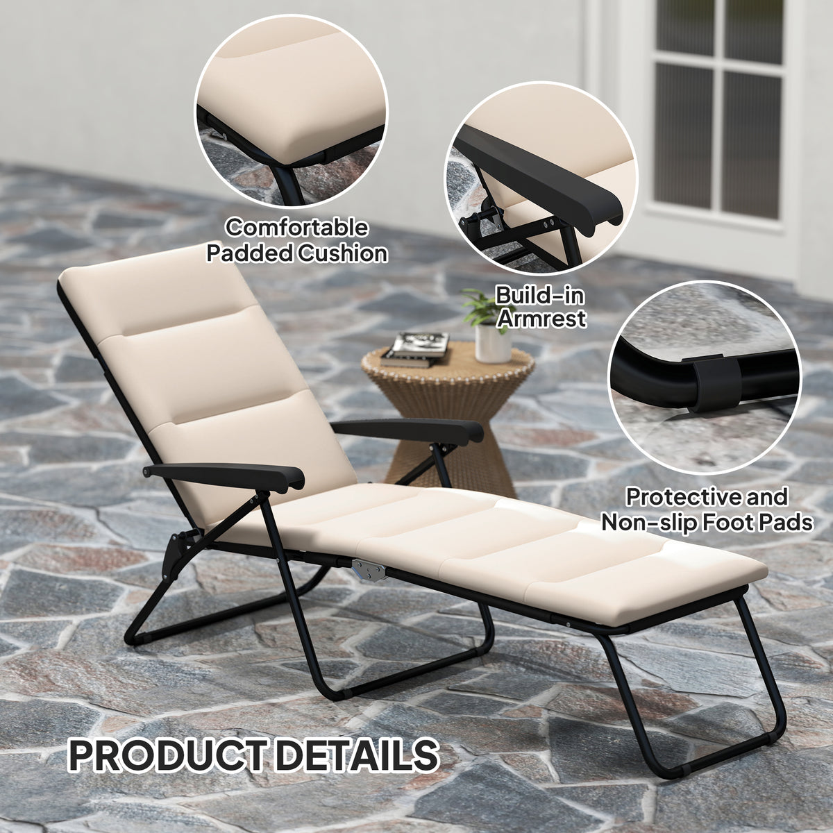 Foldable Lounge Chair, Reclining Patio Sun Lounger with 6-Position Adjustable Back, Blue and White